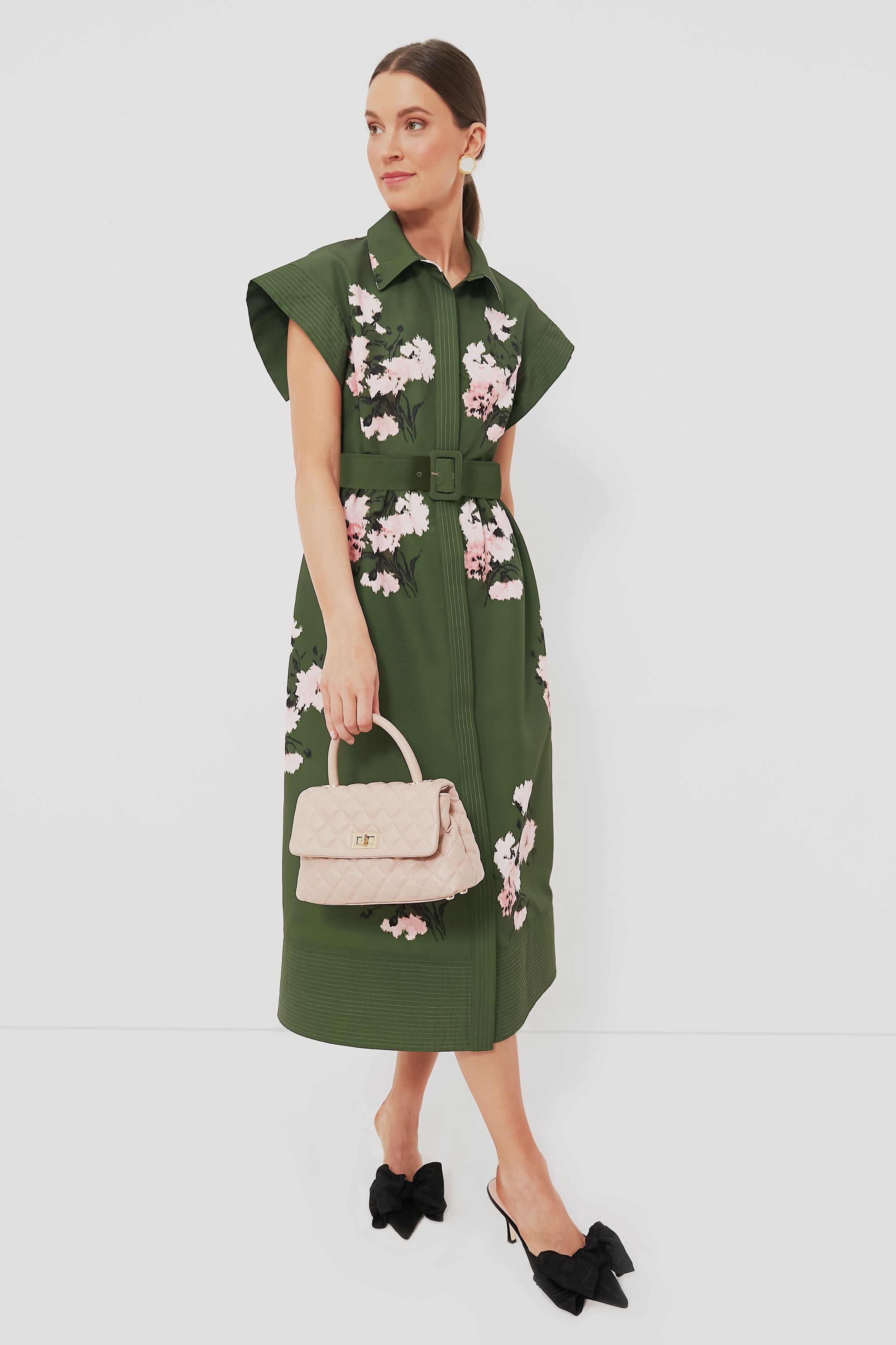 Olive and Pressed Powder Floral Chloe Dress-Beilave