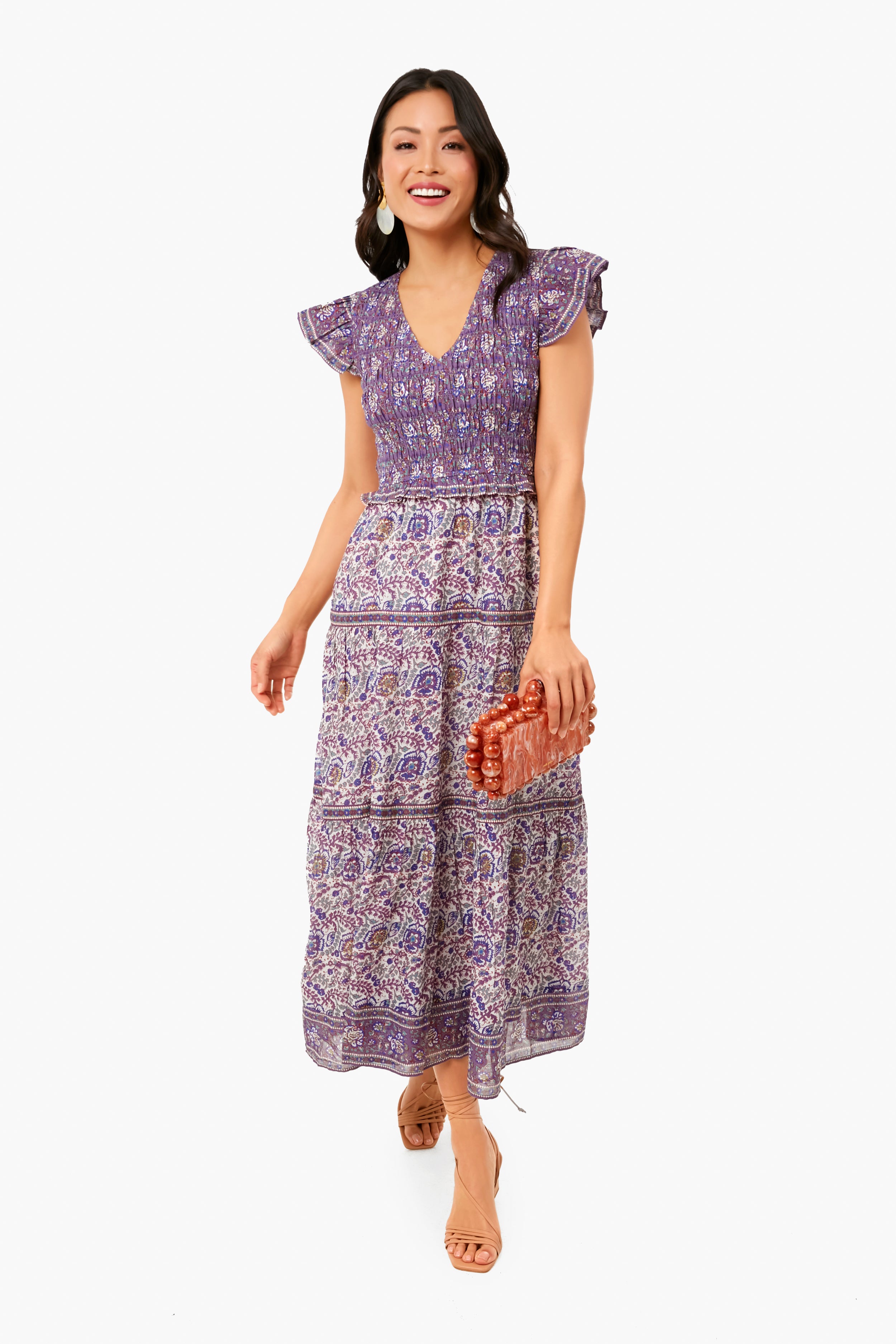 Exclusive Purple Rosita Border Smocked Midi Dress-Beilave