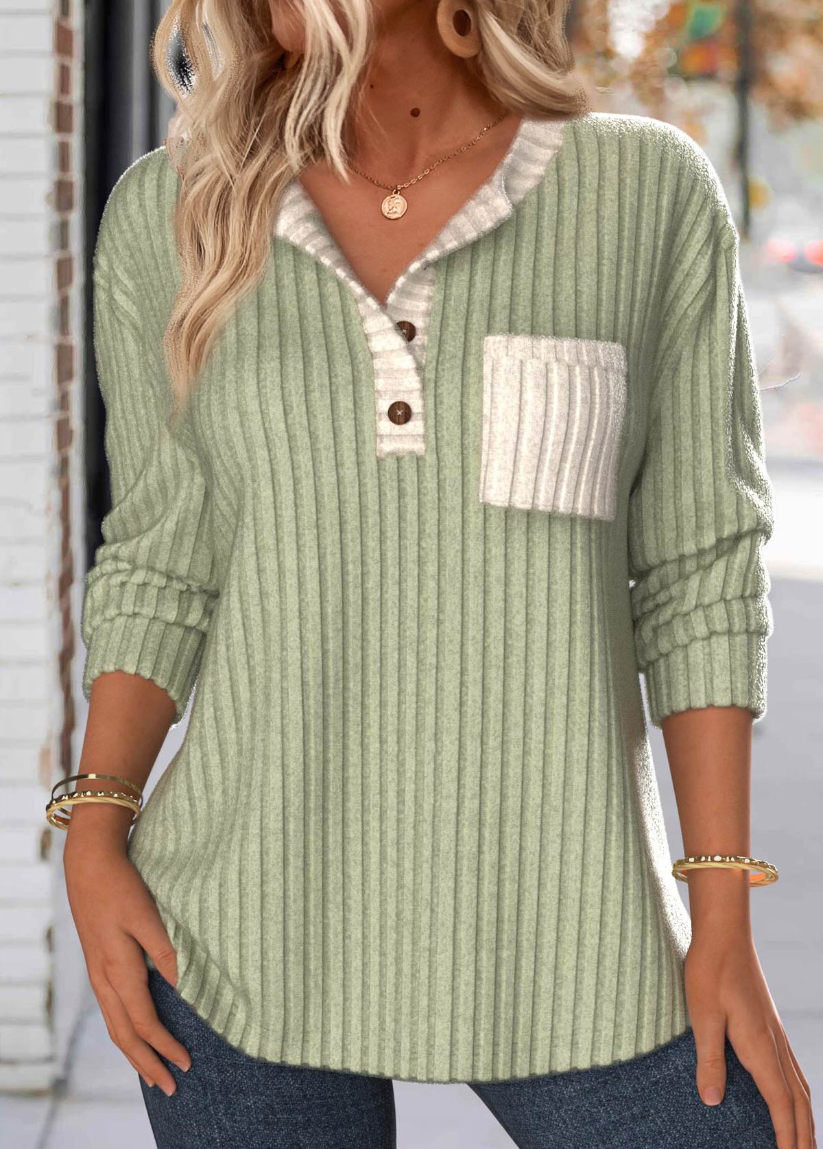 Button Long Sleeve Split Neck Sweatshirt