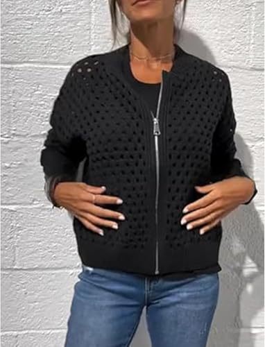 Women’s Casual Hollow Knitwear Zipper Jacket, Crochet Fishnet Knit Shrugs Sweater Jacket Lightweight Cardigans Sweater