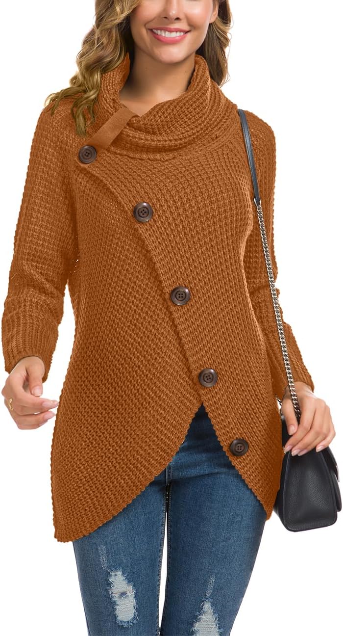 Women's Chunky Turtleneck Long Sleeve Asymmetric Hem Loose Knit Pullover Sweaters