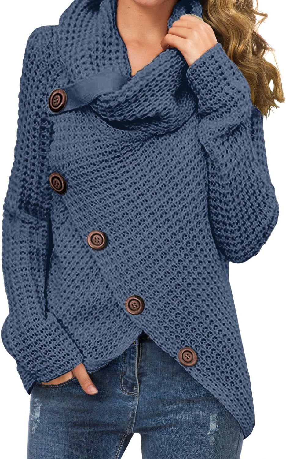 Women's Chunky Turtleneck Long Sleeve Asymmetric Hem Loose Knit Pullover Sweaters