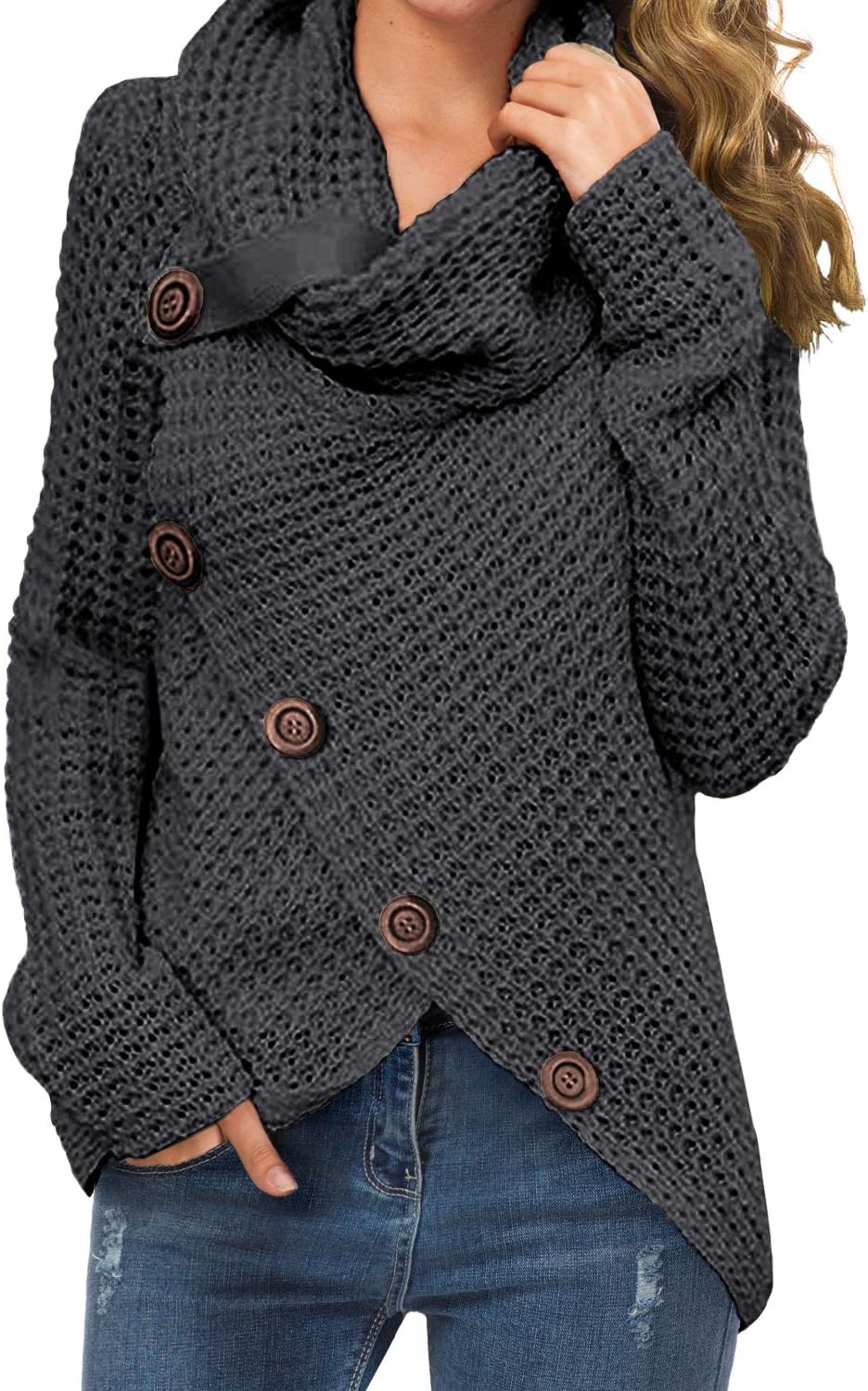 Women's Chunky Turtleneck Long Sleeve Asymmetric Hem Loose Knit Pullover Sweaters