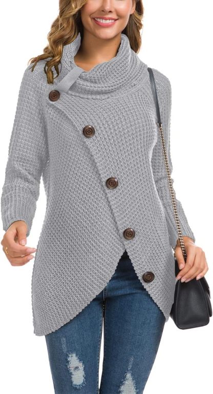 Women's Chunky Turtleneck Long Sleeve Asymmetric Hem Loose Knit Pullover Sweaters