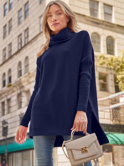 Women's Turtleneck Oversized Sweaters Long Batwing Sleeve Spilt Hem Tunic Pullover Knit Tops