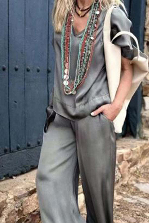 Satin Solid Color Short-sleeved V-neck Top and Elastic Waist Pocket Wi