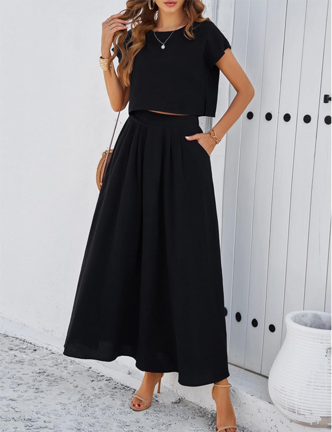2025 Summer Skirt Sets Women 2 Piece Outfits Cap Sleeve Top Elastic Waist Maxi Dress Sets with Pockets