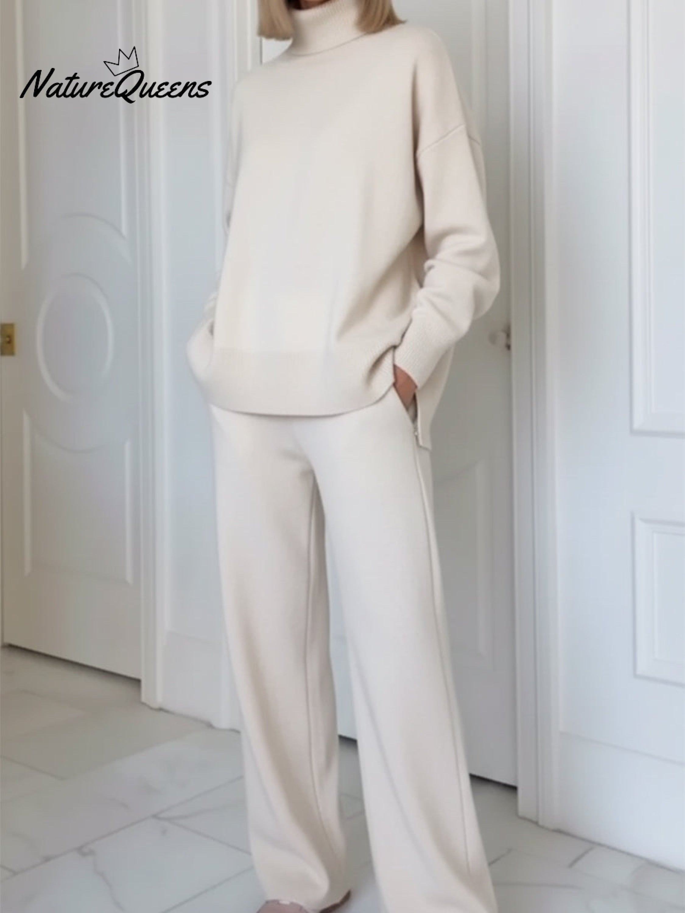 Casual Travel Stand Collar Side Zipper Top Straight Pants Two-Piece Se