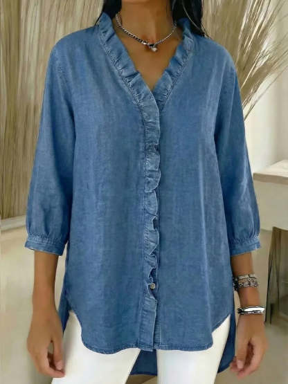 Women's Casual Denim V-Neck Ruffled Shirt