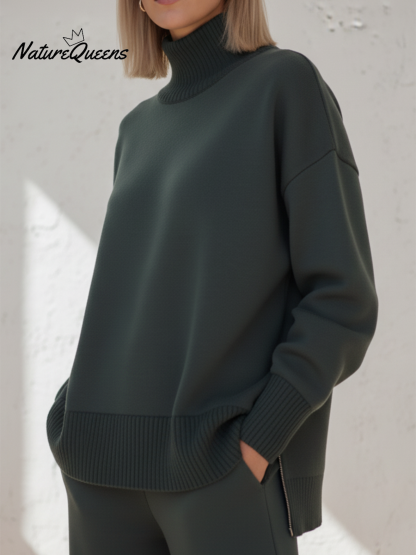 Casual Travel Stand Collar Side Zipper Top Straight Pants Two-Piece Set