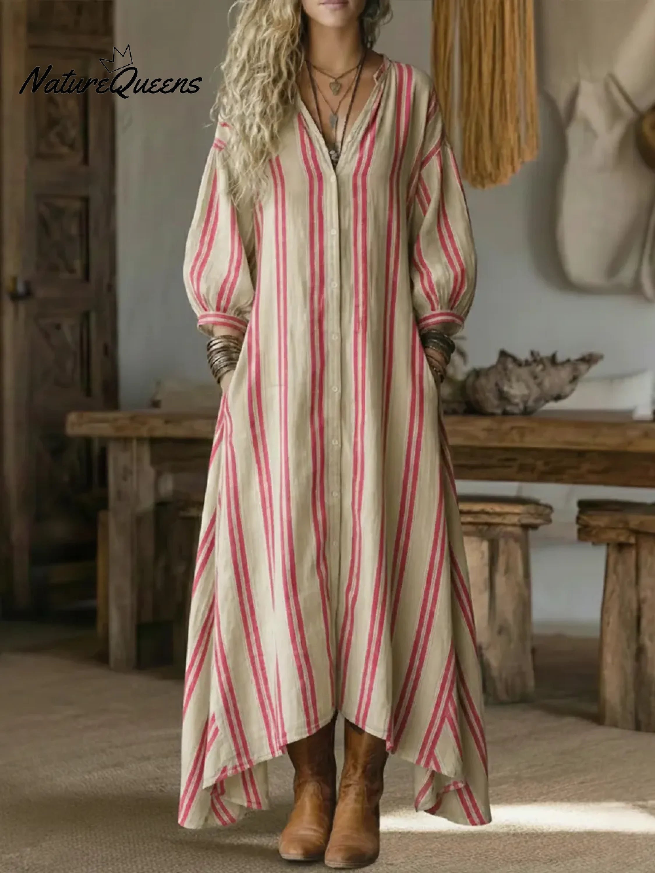 Women's Casual Striped Linen-cotton Dress