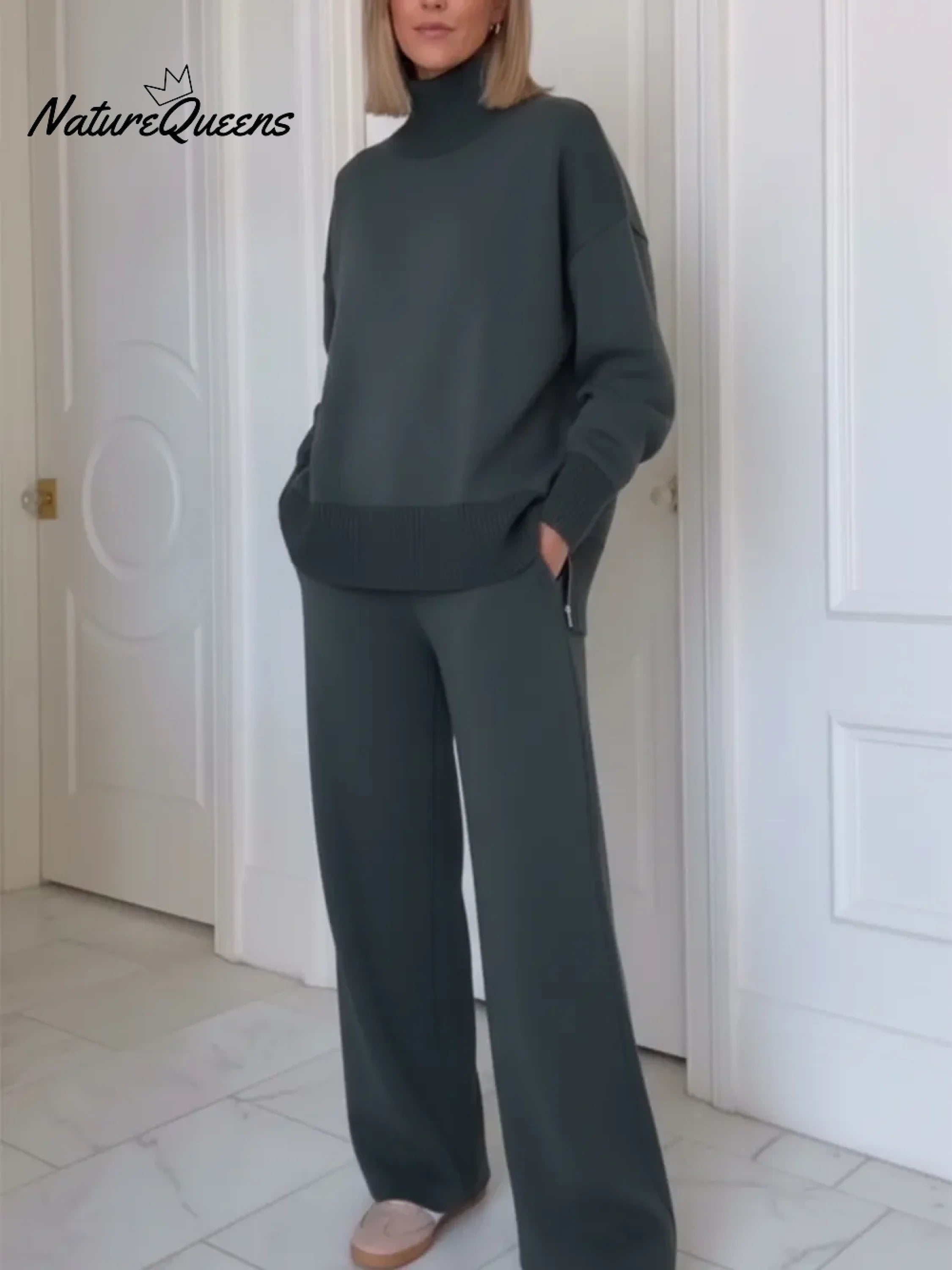 Casual Travel Stand Collar Side Zipper Top Straight Pants Two-Piece Set