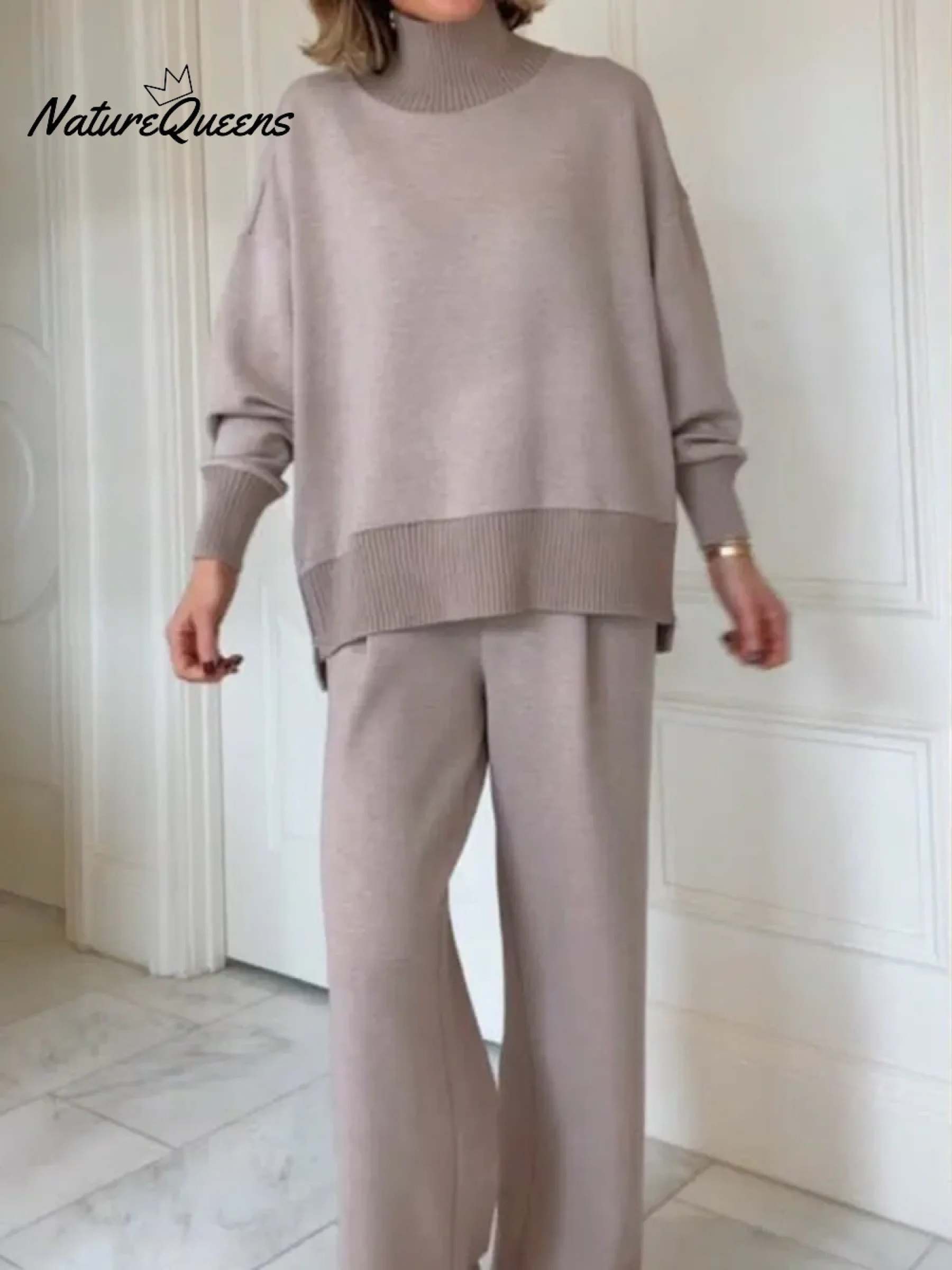 Casual Travel Stand Collar Side Zipper Top Straight Pants Two-Piece Set