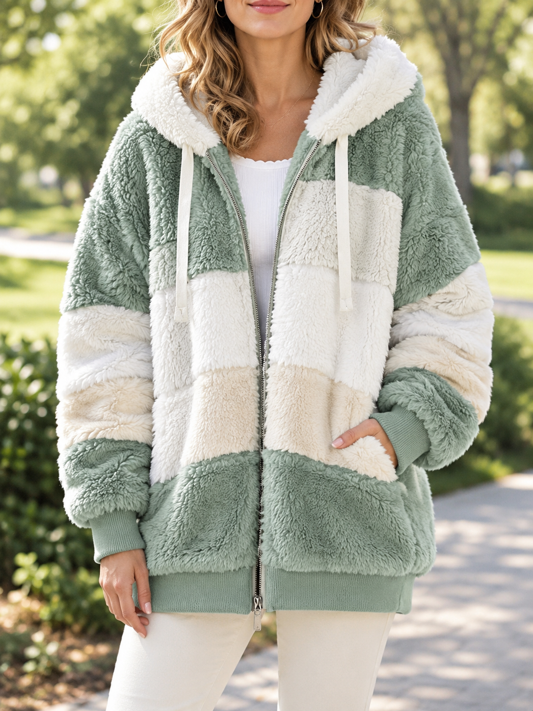 Women's Colorblock Teddy Fleece Hooded Jacket
