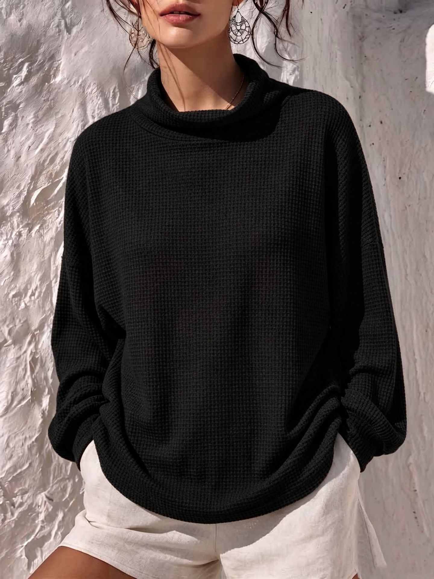 50% OFF | 2026 New Waffle Knit Mock Neck Long Sleeve Top – Relaxed Fit Casual Pullover