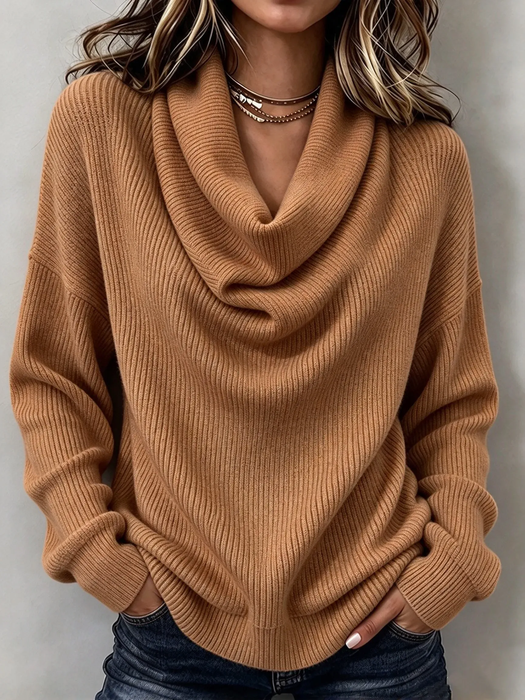 Women's Cowl Neck Knit Sweater, Long Sleeve Solid Pullover Top
