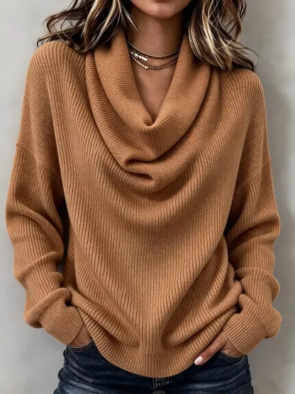 Women's Cowl Neck Knit Sweater, Long Sleeve Solid Pullover Top