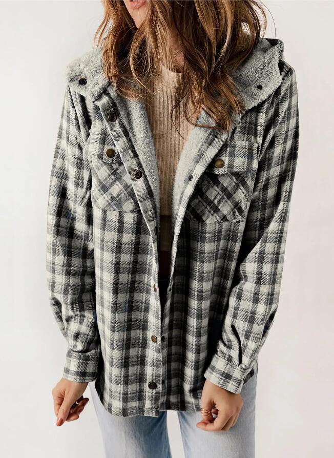 Women's Plaid Houndstooth Hooded Coat for Fall & Winter