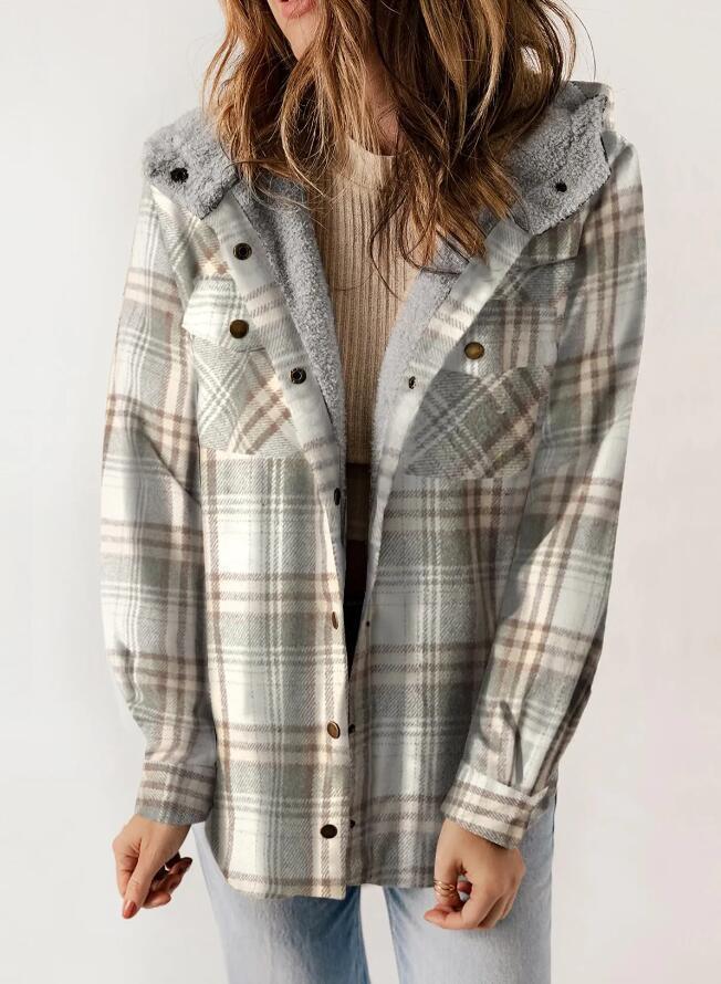 Women's Plaid Houndstooth Hooded Coat for Fall & Winter