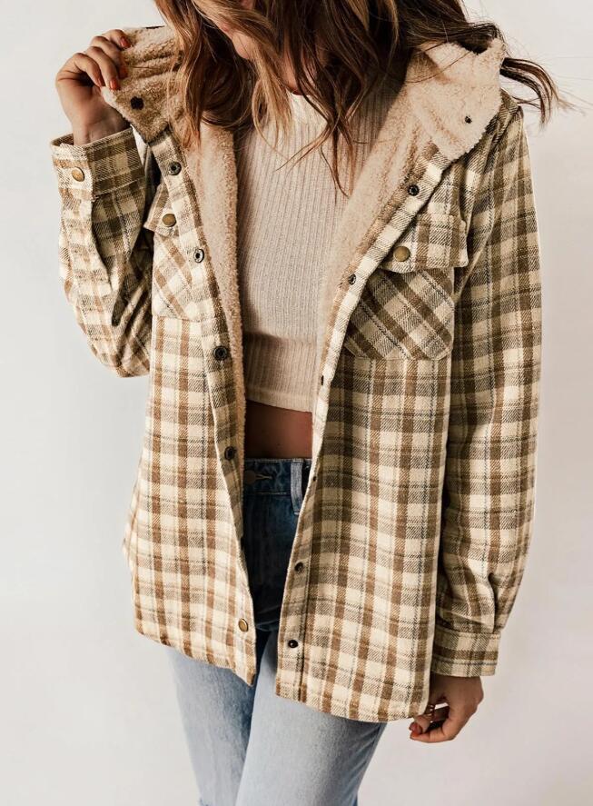 Women's Plaid Houndstooth Hooded Coat for Fall & Winter