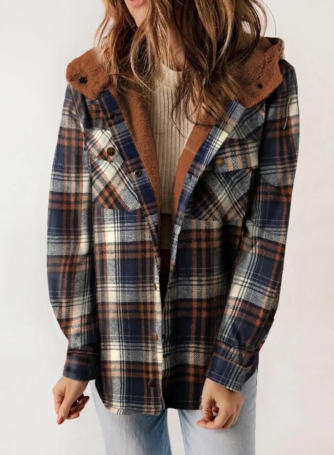 Women's Plaid Houndstooth Hooded Coat for Fall & Winter