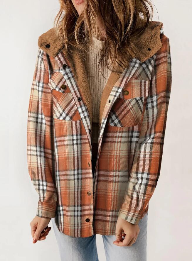 Women's Plaid Houndstooth Hooded Coat for Fall & Winter