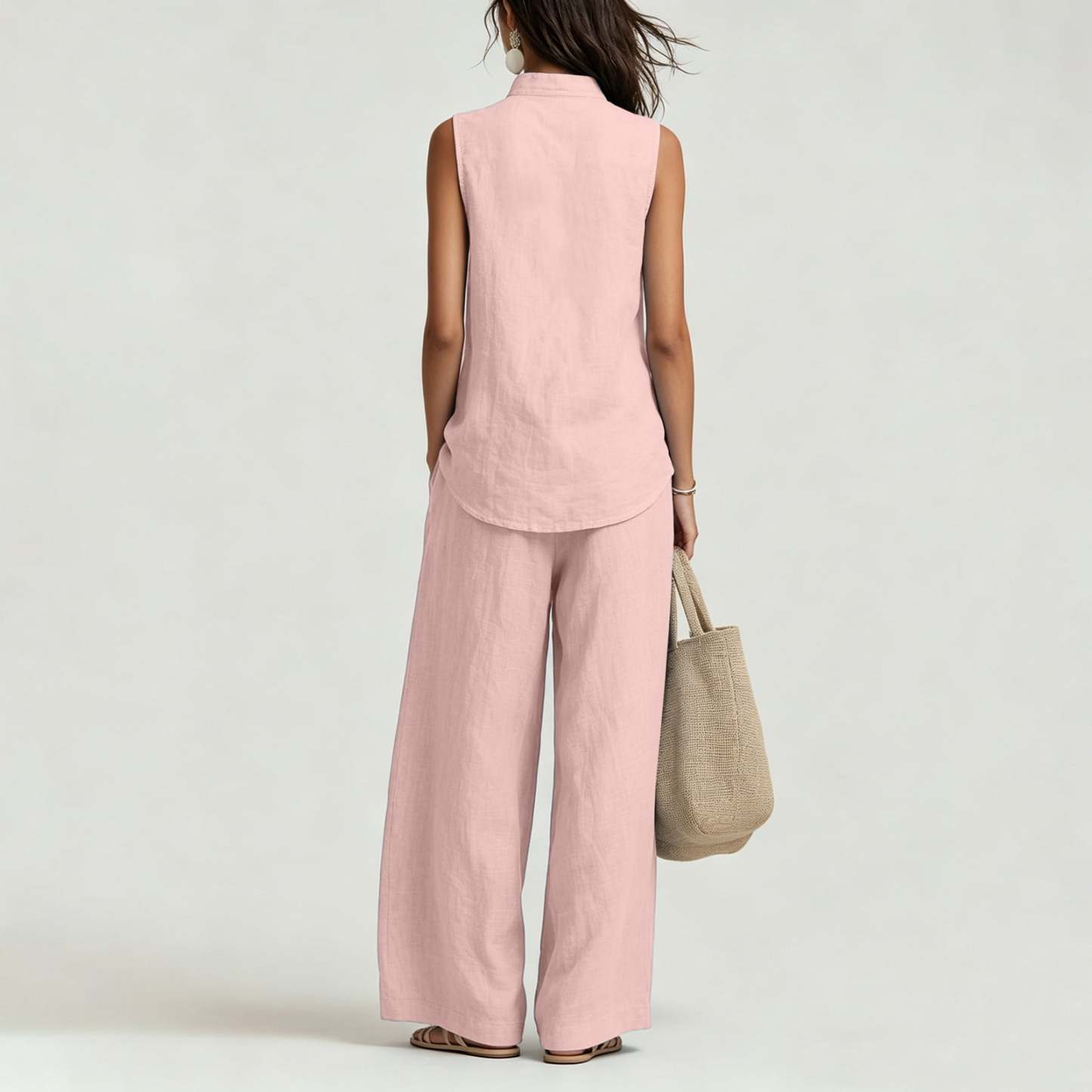 Women's Casual Cotton & Linen Sleeveless Top & Wide-Leg Pants Two-Piece Set