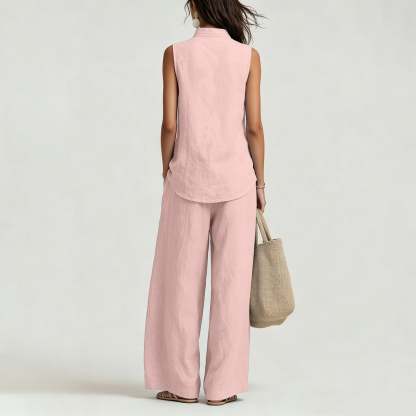 Women's Casual Cotton & Linen Sleeveless Top & Wide-Leg Pants Two-Piece Set