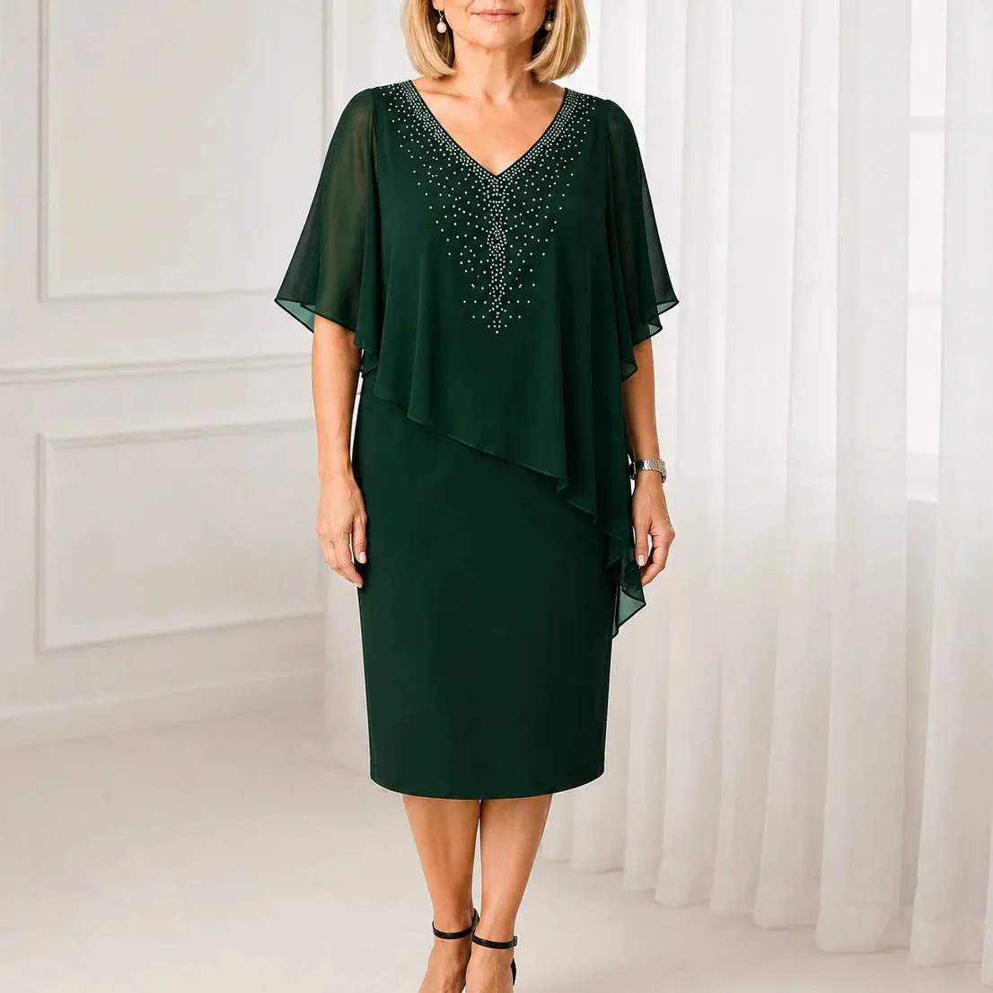 Rhinestone Look V-Neck Chiffon Like Cape Midi Dress