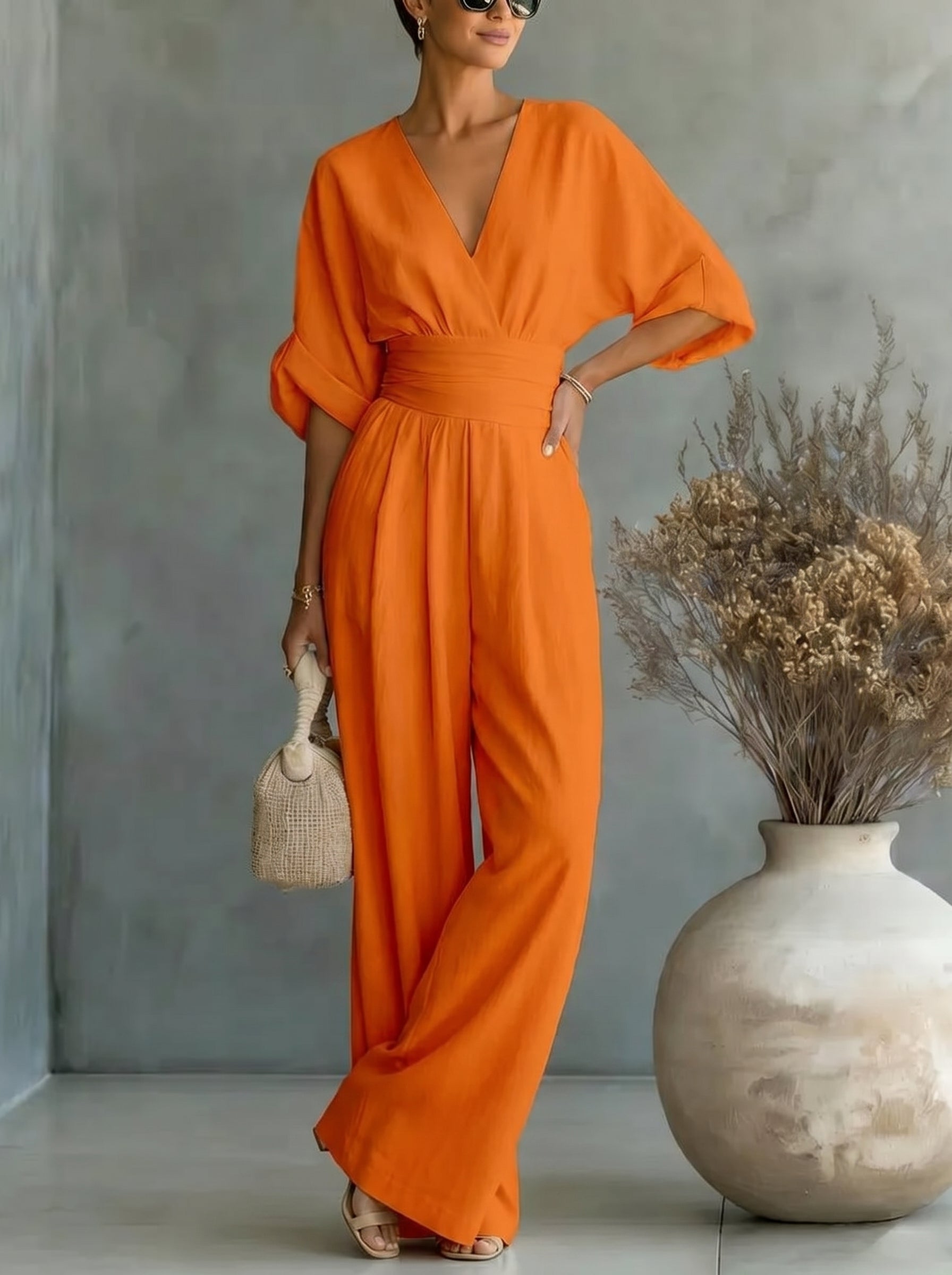 Elegant Vacation Casual Fashion V-neck Waist Jumpsuit