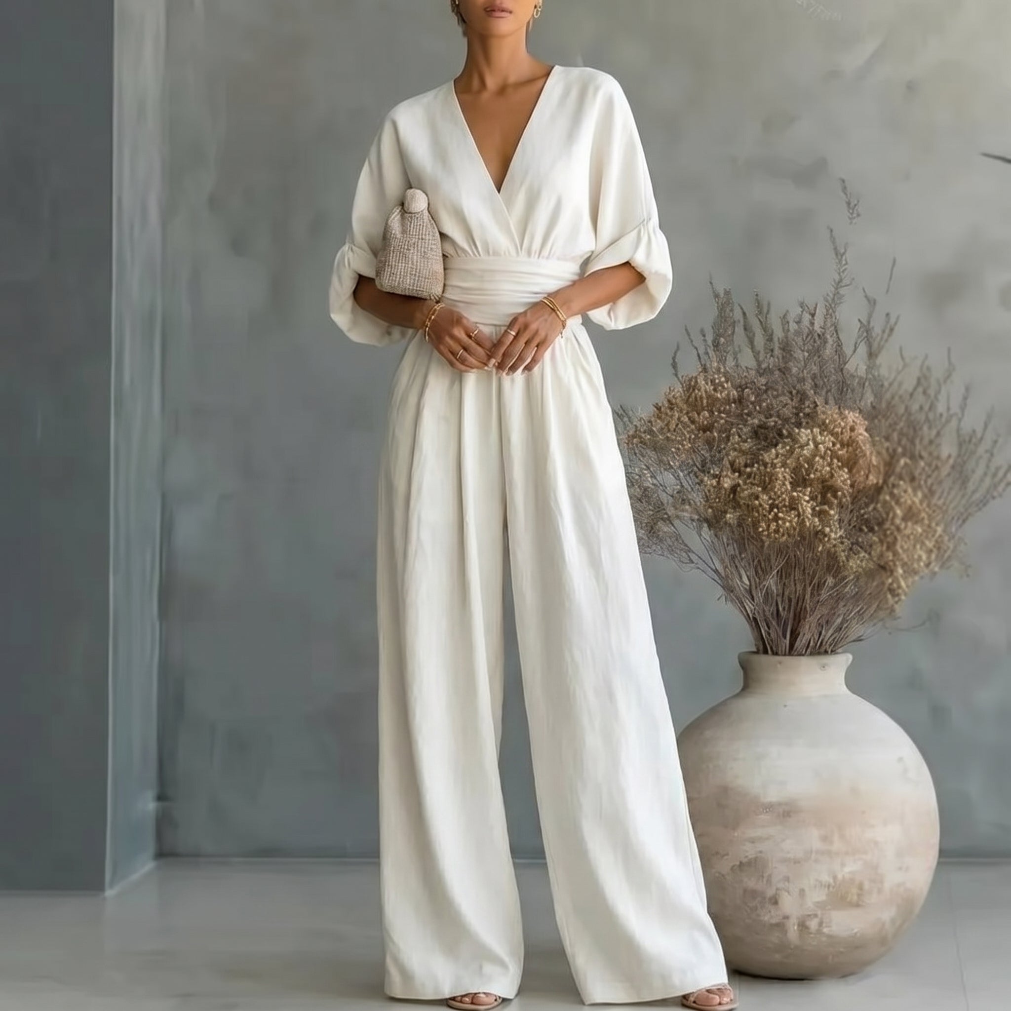 Elegant Vacation Casual Fashion V-neck Waist Jumpsuit