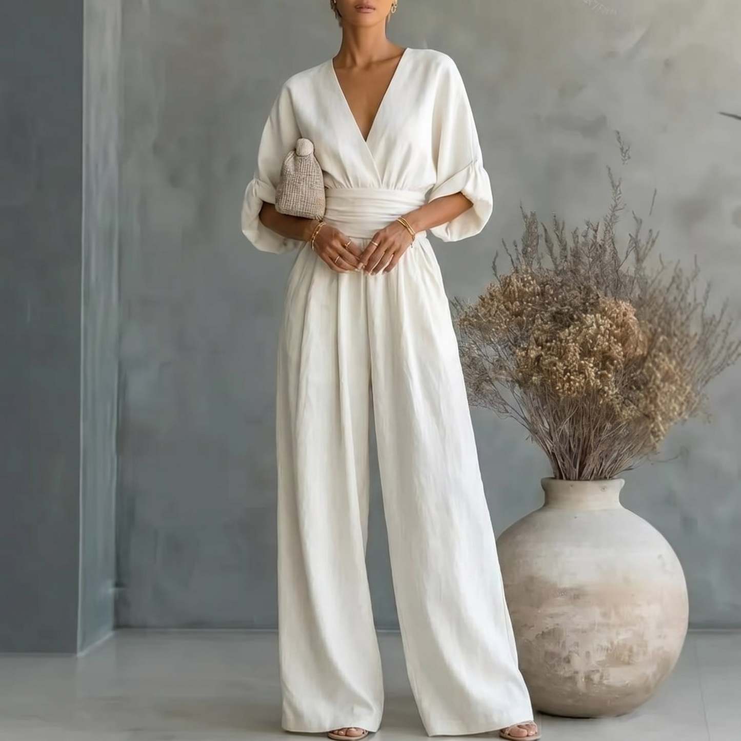 Elegant Vacation Casual Fashion V-neck Waist Jumpsuit