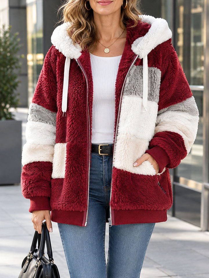 Women's Colorblock Teddy Fleece Hooded Jacket