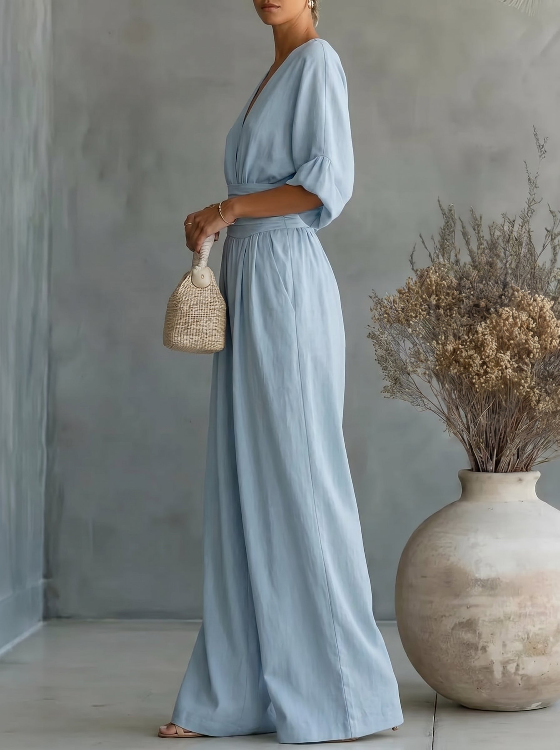 Elegant Vacation Casual Fashion V-neck Waist Jumpsuit