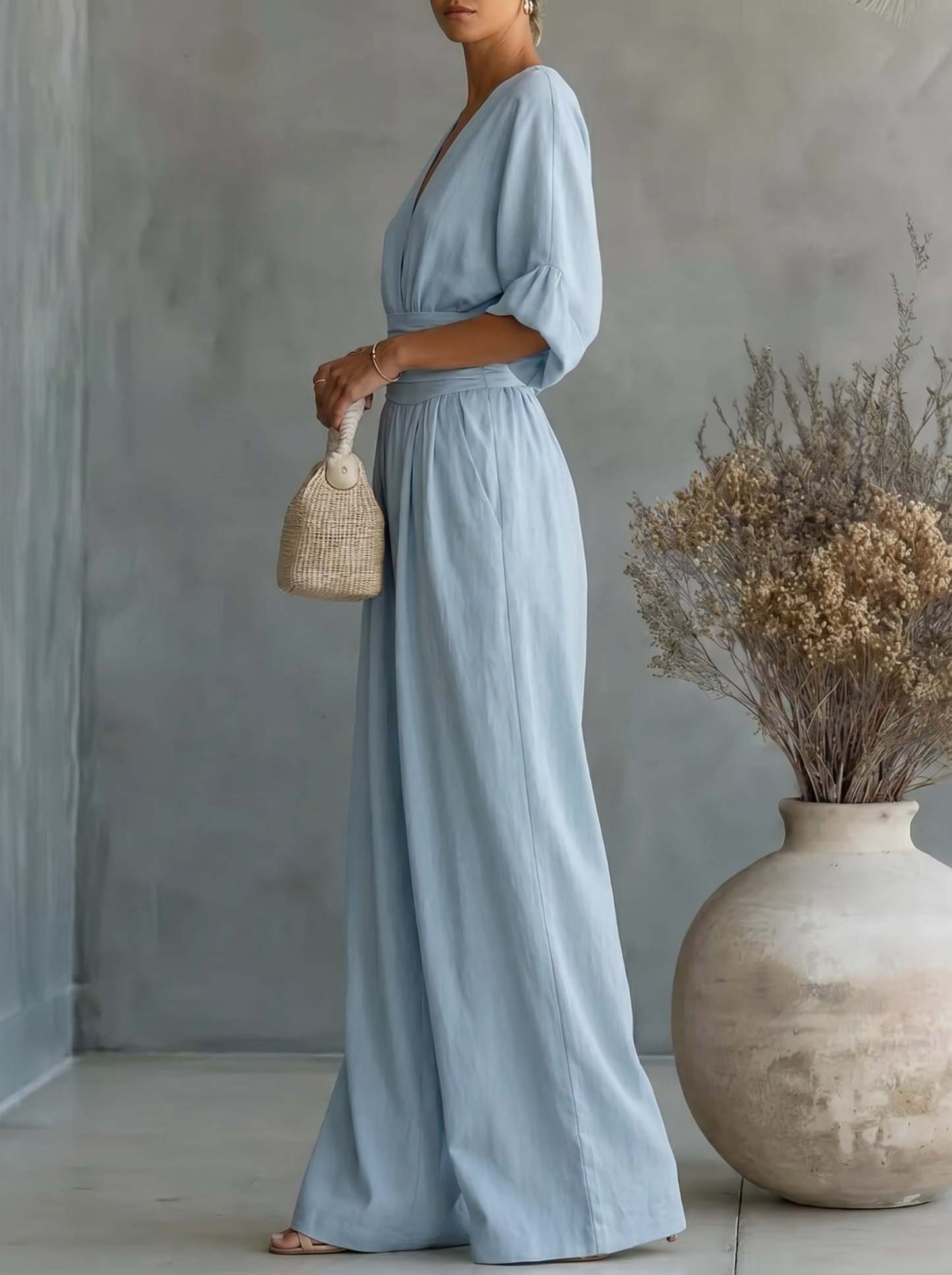 Elegant Vacation Casual Fashion V-neck Waist Jumpsuit