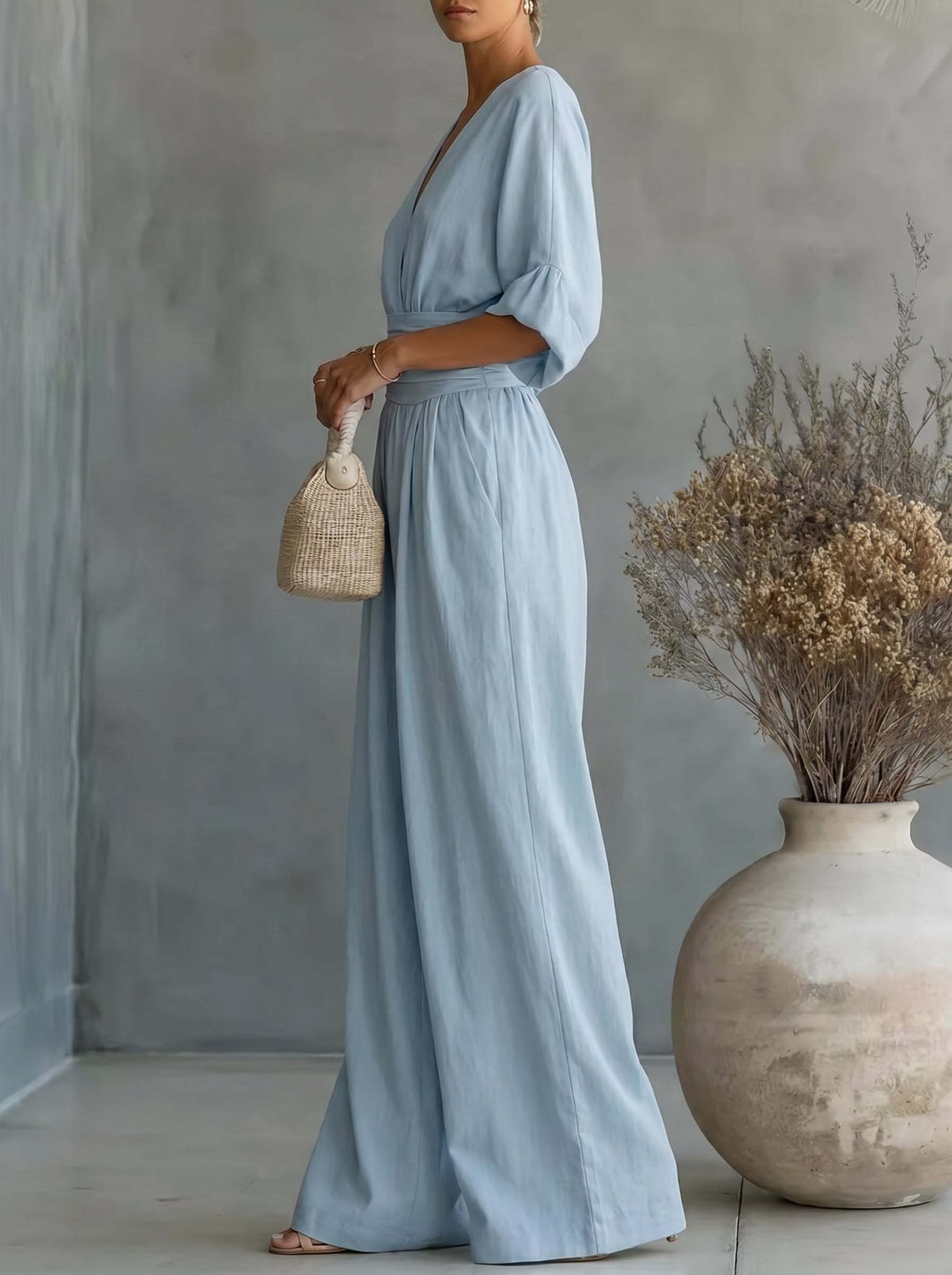 Elegant Vacation Casual Fashion V-neck Waist Jumpsuit