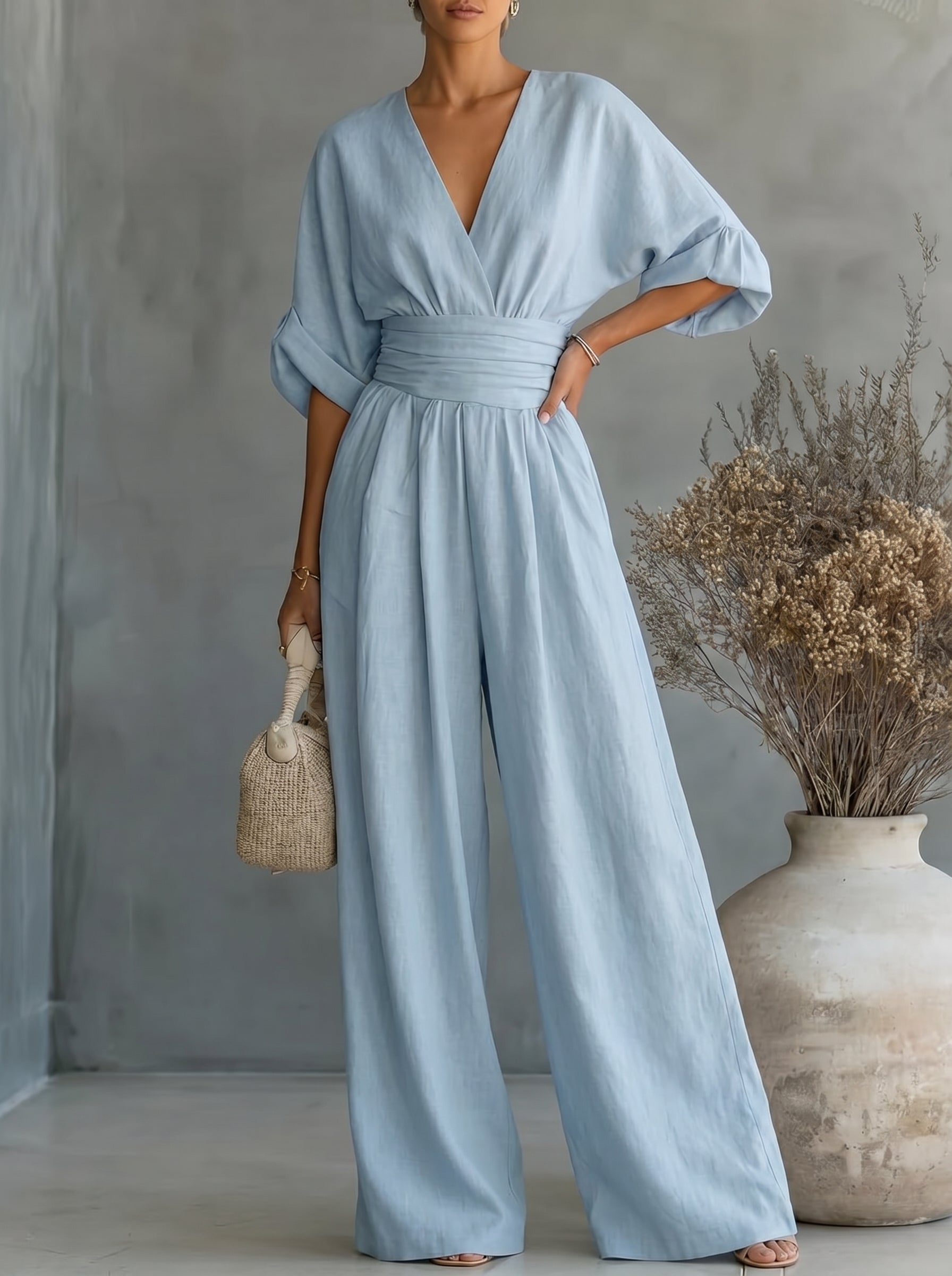 Elegant Vacation Casual Fashion V-neck Waist Jumpsuit