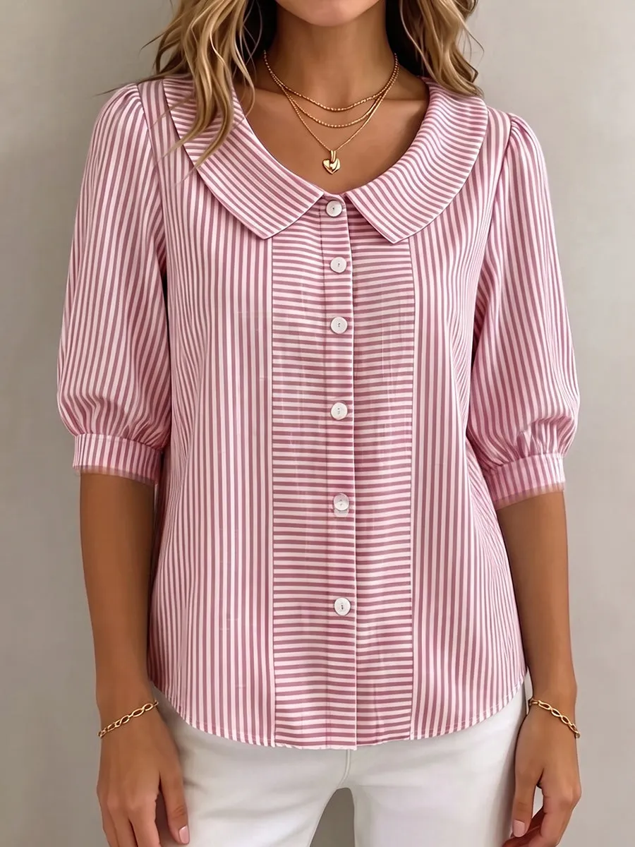 Women’s Peter Pan Collar Striped Button-Up Blouse with Puff Sleeves