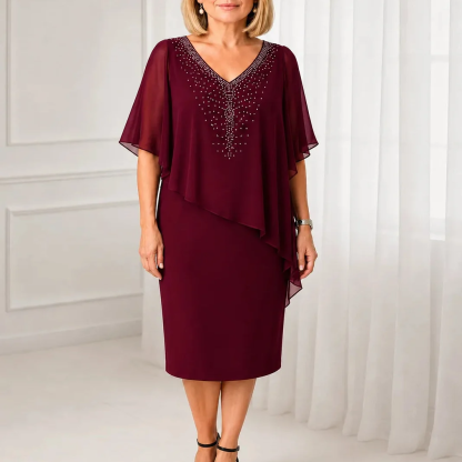 Rhinestone Look V-Neck Chiffon Like Cape Midi Dress