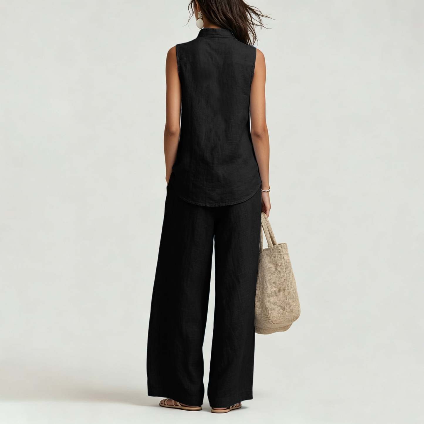 Women's Casual Cotton & Linen Sleeveless Top & Wide-Leg Pants Two-Piece Set
