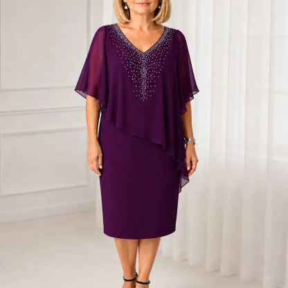 Rhinestone Look V-Neck Chiffon Like Cape Midi Dress