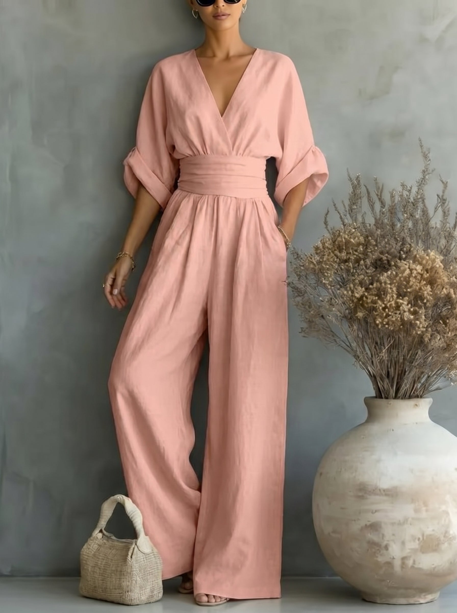 Elegant Vacation Casual Fashion V-neck Waist Jumpsuit