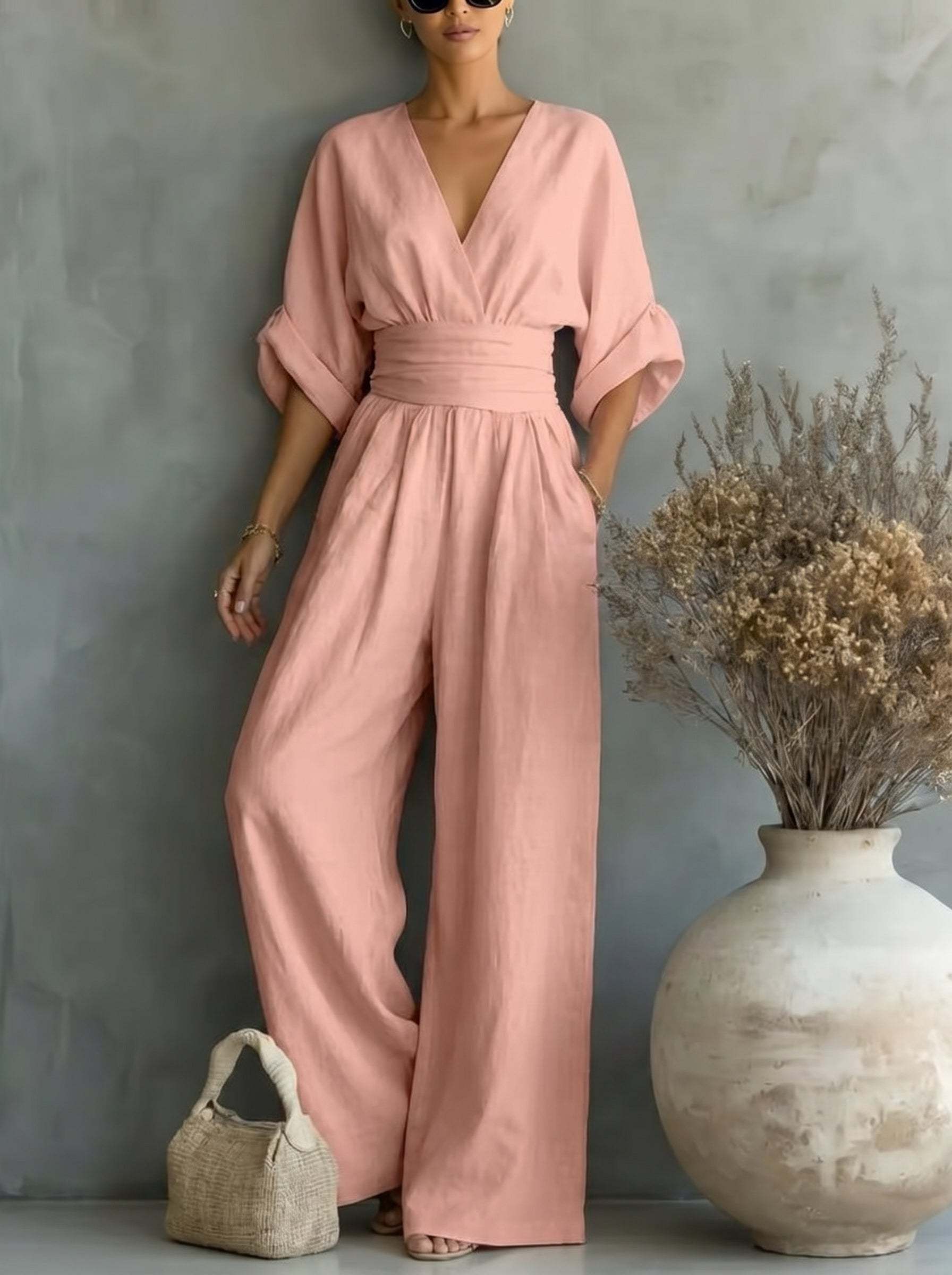 Elegant Vacation Casual Fashion V-neck Waist Jumpsuit
