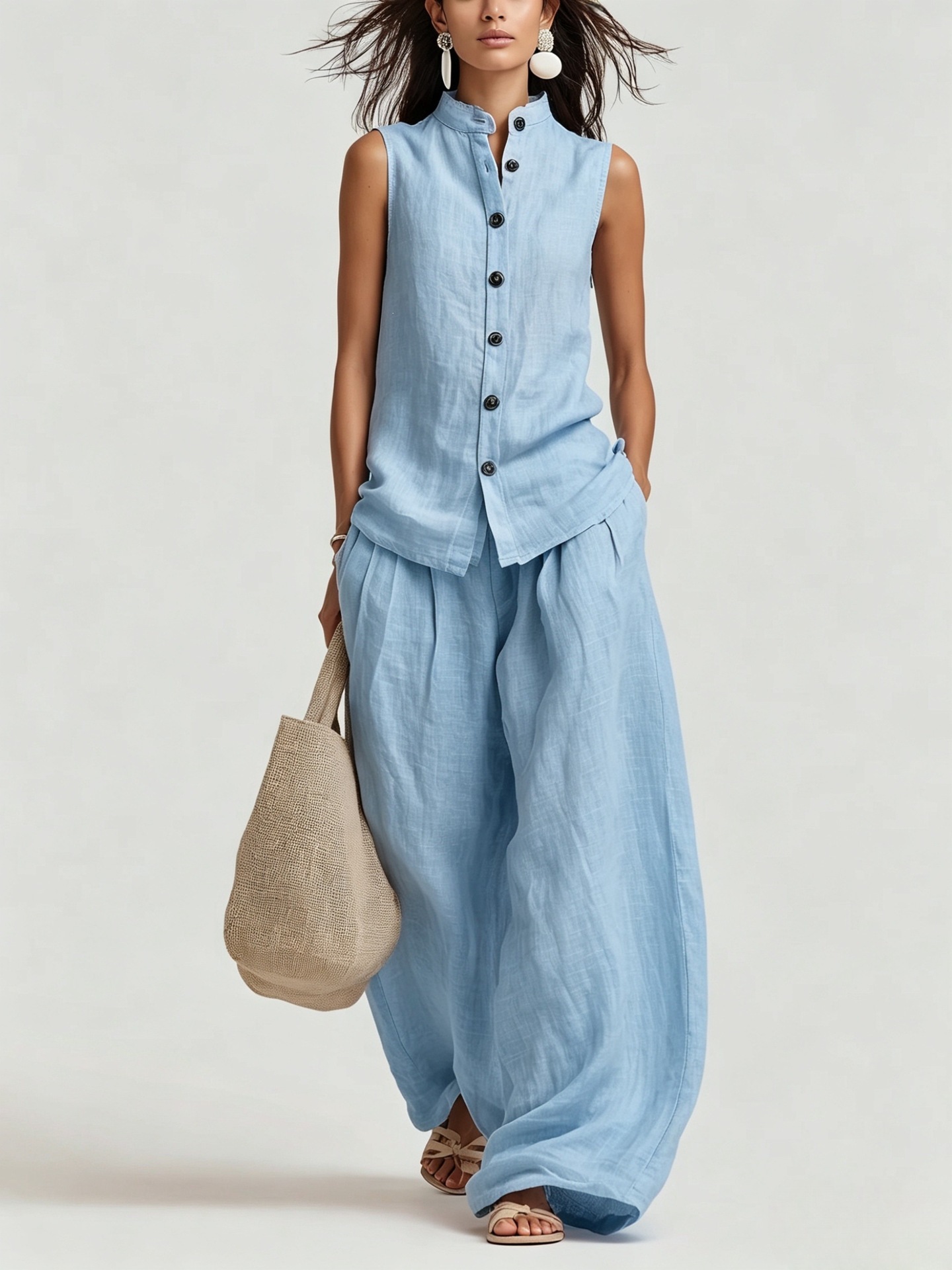 Women's Casual Cotton & Linen Sleeveless Top & Wide-Leg Pants Two-Piece Set