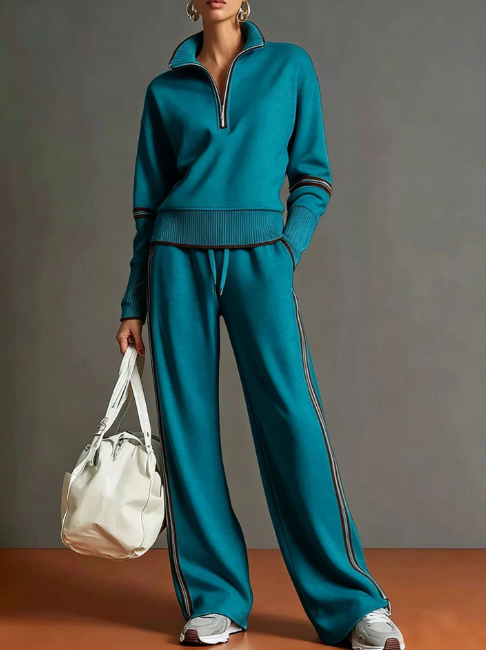 Women's Quarter-Zip Wide-Leg Two-Piece Set — Polished Comfort & Everyday Style