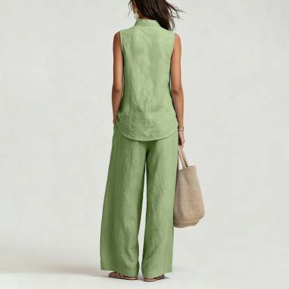 Women's Casual Cotton & Linen Sleeveless Top & Wide-Leg Pants Two-Piece Set