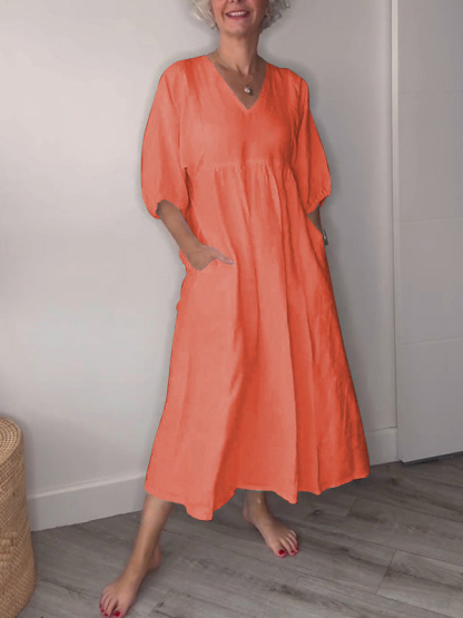 🔥Clearance Sale🔥 Women's Casual Fashion V-Neck Solid Color Mid-Length Sleeve Dress