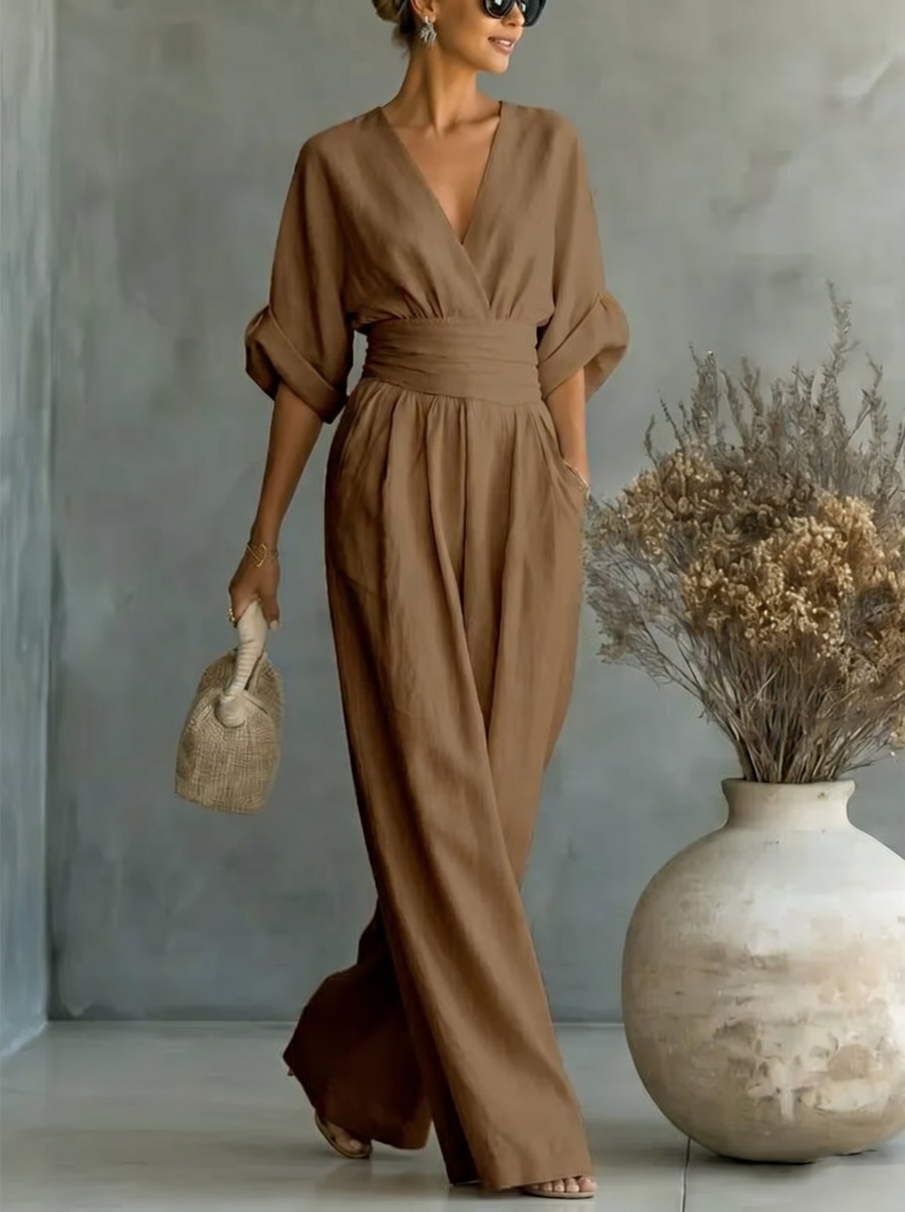 Elegant Vacation Casual Fashion V-neck Waist Jumpsuit