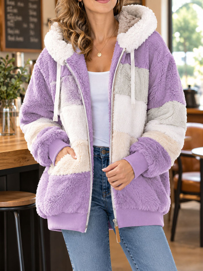 Women's Colorblock Teddy Fleece Hooded Jacket