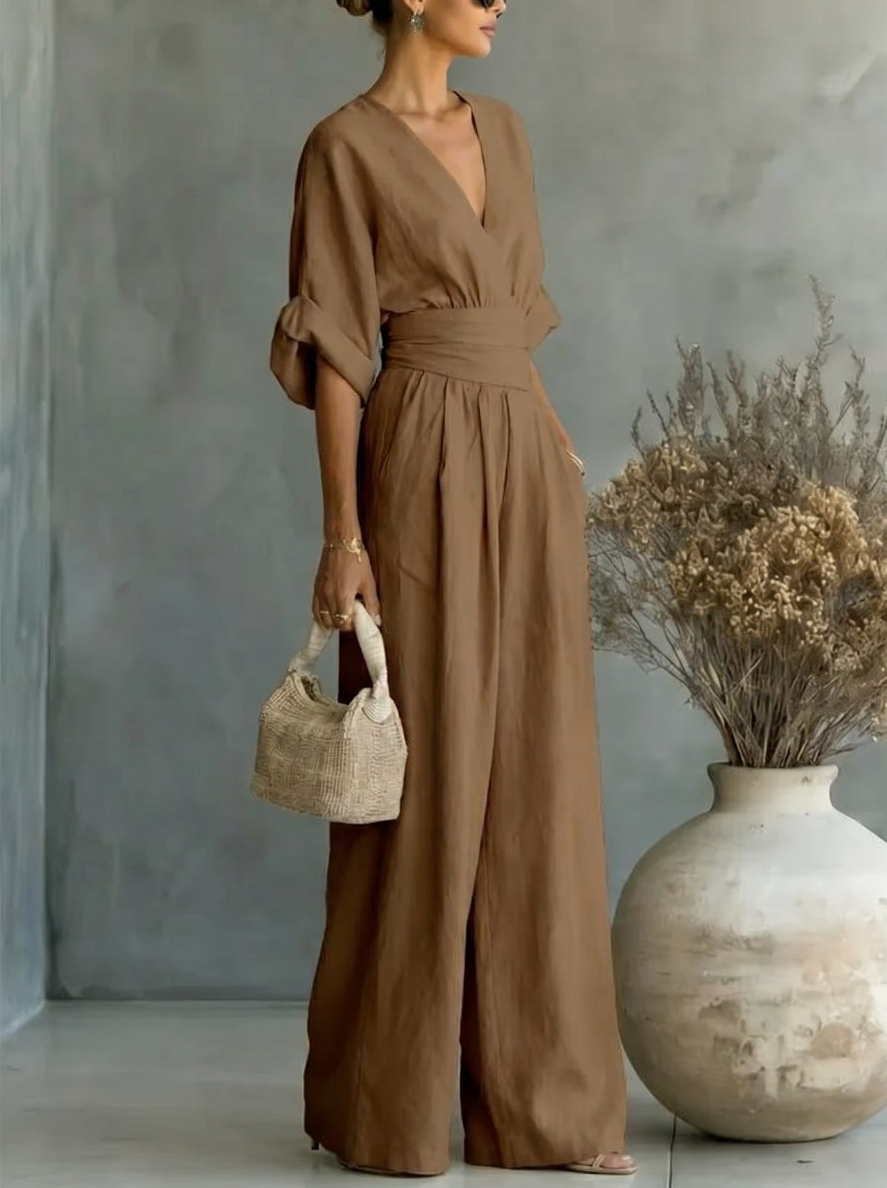 Elegant Vacation Casual Fashion V-neck Waist Jumpsuit